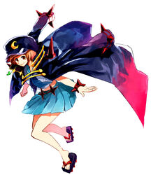  banchou blue_skirt brown_eyes brown_hair commentary_request crescent crescent_hat_ornament delinquent female gaa_(butsugen) hat hat_ornament jacket jacket_on_shoulders kill_la_kill mankanshoku_mako sandals school_uniform serafuku skirt smile solo spoilers 