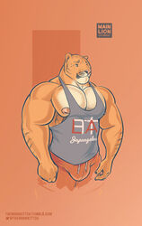  2016 anthro areola big_bulge big_muscles blue_eyes bottomwear bulge clothing felid hi_res huge_muscles hybrid hyper hyper_muscles liger lion male mammal markings muscular muscular_anthro muscular_male nipples pantherine pecs purrcules_(artist) purrcules_(character) shirt shorts simple_background solo tank_top tiger topwear 