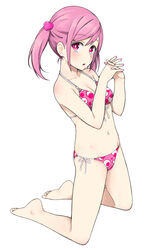  bad_id bad_pixiv_id barefoot bikini blush breasts cleavage female fingernails front-tie_top highres interlocked_fingers kneeling looking_at_viewer medium_breasts navel nnyu open_mouth original own_hands_clasped own_hands_together pink_bikini pink_eyes pink_hair short_hair side-tie_bikini_bottom smile solo swimsuit twintails white_background 