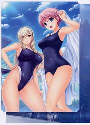  2girls absurdres blonde_hair celia_cumani_aintree celia_kumani_entory highres kisaki_mio komori_kei multiple_girls ricotta school_swimsuit swimsuit swimsuits walkure_romanze 