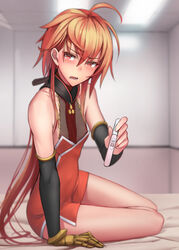  bad_id bad_pixiv_id bare_shoulders blush collarbone detached_sleeves dress fate/grand_order fate_(series) long_hair long_sleeves looking_at_viewer male_focus nipples open_mouth otoko_no_ko pregnancy_test rama_(fate/grand_order) red_dress red_eyes red_hair see-through shijiu_(adamhutt) sitting solo tears thighs very_long_hair 