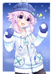  :d argyle black_pantyhose blue_hat blue_mittens blush bobblehat choker collarbone commentary cowboy_shot drawstring female fur-trimmed_hood fur-trimmed_jacket fur-trimmed_sleeves fur_trim hair_between_eyes hat highres holding hood hooded_jacket jacket looking_at_viewer medium_hair mittens neptune_(neptunia) neptune_(series) open_mouth pantyhose purple_eyes purple_hair seshiro_(which501) smile snowball snowflake_print snowing solo white_choker winter_clothes 