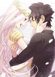  1boy bad_id bad_pixiv_id black_hair couple dress emiya_kiritsugu fate/zero fate_(series) female head_wreath husband_and_wife irisviel_von_einzbern irisviel_von_einzbern_(angel&#039;s_song) long_hair red_eyes ruchi straight white_hair 