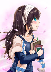  absurdres artist_name black_hair blue_eyes blush book bookmark breasts cherry_blossoms commentary_request female hairband highres idolmaster idolmaster_cinderella_girls long_hair medium_breasts profile sagisawa_fumika shawl signature solo takuji_yuusaku 