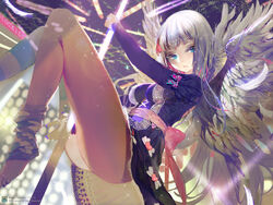  barefoot black_hair blue_eyes blush commentary crab_d dress feathers female highres leg_warmers leggings long_hair multiple_wings nail_polish panty_&amp;_stocking_with_garterbelt photoshop_(medium) pole pole_dancing socks stocking_(psg) striped striped_leggings stripper_pole toenail_polish toenails wings 