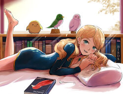  barefoot bed bird blonde_hair blush book bookshelf bottomless breasts cleavage commentary_request day english_text female gacha-m green_eyes gundam gundam_narrative long_hair long_sleeves lying morning on_stomach photoshop_(medium) pillow rita_bernal small_breasts smile the_pose 