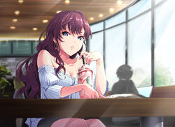  bare_shoulders black_skirt blouse blue_eyes blurry blurry_background book bracelet breasts cafe cleavage collarbone commentary_request computer drinking_straw ear_piercing earrings eyelashes female frilled_shirt frills from_below gem hair_between_eyes highres ichinose_shiki idolmaster idolmaster_cinderella_girls indoors jewelry laptop lights long_hair looking_at_viewer looking_outside medium_breasts menu_board miniskirt null_(chronix) parted_lips piercing plant purple_hair shirt sitting skirt smoothie solo_focus stone_wall striped_clothes striped_shirt table wall wavy_hair window wooden_ceiling 