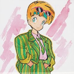  1980s_(style) ashida_toyoo chouriki_robo_galatt eyewear_on_head female formal official_art patty_pumpkin production_art promotional_art retro_artstyle scan simple_background solo striped_suit suit sunglasses 