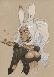  animal_ears bad_deviantart_id bad_id bankage blowing_kiss breasts cleavage dark-skinned_female dark_skin female final_fantasy final_fantasy_xii fran_(ff12) lips long_hair medium_breasts nose rabbit_ears red_eyes revealing_clothes see-through solo upper_body vambraces viera white_hair 