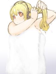  bad_id bad_pixiv_id bare_shoulders blonde_hair blush breasts cleavage female headphones highres huge_breasts looking_at_viewer naked_towel nitroplus onikuman short_hair solo super_pochaco towel twintails 