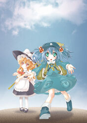  2girls :o apron backpack bag bamboo_broom blonde_hair blue_eyes blue_hair blue_sky blush boots braid broom cloud commentary_request day flat_cap hair_bobbles hair_ornament hair_ribbon hat hat_ribbon head_tilt high_collar highres juliet_sleeves kawashiro_nitori key kirisame_marisa long_hair long_sleeves looking_at_viewer mary_janes multiple_girls outstretched_arms pantyhose petticoat puffy_short_sleeves puffy_sleeves reaching reaching_towards_viewer red_eyes ribbon rubber_boots shoes short_hair short_sleeves single_braid skirt skirt_set sky touhou tress_ribbon two_side_up waist_apron white_legwear witch_hat zummy 