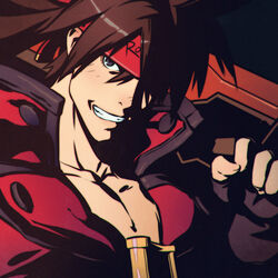  1boy brown_hair commentary fingerless_gloves gloves grin guilty_gear headband high_collar ilya_kuvshinov junkyard_dog_mk_iii left-handed long_hair male_focus manly one_eye_covered over_shoulder pectorals photoshop_(medium) smile sol_badguy solo sword weapon weapon_over_shoulder 