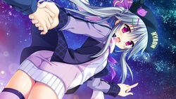  1boy artist_request blush dutch_angle female from_below grey_hair hair_ornament hairclip hanasaki_work_spring hat holding_hands night night_sky open_mouth outdoors pink_eyes pointing ponytail purple_legwear scarf shiranui_inori sky standing star_(sky) stargazing 