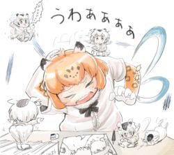  &gt;_&lt; 2girls afterimage animal_ears coat commentary drawing eraser faceplant falling flying_sweatdrops fur_collar fur_trim grey_coat grey_eyes grey_footwear hare_(tetterutei) head_wings himejoshi jaguar_(kemono_friends) jaguar_ears jaguar_print jumping kaban_(kemono_friends) kemono_friends mini_person minigirl multicolored_hair multiple_girls northern_white-faced_owl_(kemono_friends) o3o on_one_knee pen pornography running serval_(kemono_friends) shoes short_hair sitting speed_lines sweatdrop table wings 