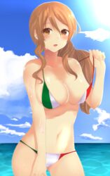  beach bikini breasts brown_eyes brown_hair cloud commentary_request day female flag_print italian_flag italian_flag_bikini italy kantai_collection large_breasts littorio_(kancolle) long_hair looking_at_viewer moshoko_(mizuneroku) outdoors print_bikini sky solo striped_bikini striped_clothes sweat swimsuit vertical-striped_bikini vertical-striped_clothes 