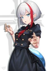  admiral_graf_spee_(azur_lane) admiral_graf_spee_(girl&#039;s_sunday)_(azur_lane) azur_lane black_dress blue_eyes blush breasts bugles_(food) bugles_on_fingers commentary_request dress female food_on_hand grey_hair highres iron_blood_(emblem) kinsenka_momi looking_at_viewer medium_breasts multicolored_hair necktie official_alternate_costume open_mouth puffy_short_sleeves puffy_sleeves red_hair red_necktie short_sleeves signature snack solo streaked_hair 