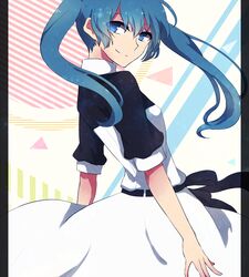  aqua_eyes aqua_hair commentary_request dress female hatsune_miku long_hair looking_back ringomaru smile solo twintails vocaloid 