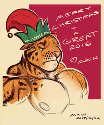  2015 angry annoyed anthro areola benji_(mainlion) big_muscles christmas christmas_card clothed clothing clouded_leopard countershading english_text felid green_eyes hat headgear headwear holidays huge_muscles hyper hyper_muscles male mammal markings muscular muscular_anthro muscular_male nipples pantherine pecs purrcules_(artist) solo text topless 