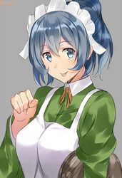  :p blue_eyes blue_hair commentary_request dungeon_ni_deai_wo_motomeru_no_wa_machigatteiru_darou_ka female grey_background isshiki_(ffmania7) looking_at_viewer maid maid_headdress ponytail short_hair simple_background syr_flover tongue tongue_out 