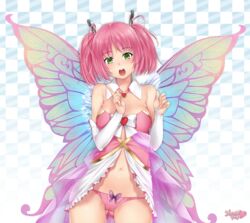  ass_visible_through_thighs breasts bridal_gauntlets butterfly_wings commentary contrapposto detached_collar dress elbow_gloves english_commentary fairy fairy_wings female game_cg gloves green_eyes hair_ornament hairclip hunie_(series) huniepop_2:_double_date insect_wings kopianget kyu_sugardust looking_at_viewer medium_breasts official_art panties pink_dress pink_hair pink_panties short_twintails showgirl_skirt solo standing strapless twintails underwear white_gloves wings 