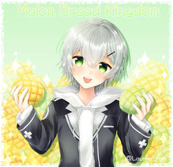  1boy androgynous bad_id bad_pixiv_id blush bread food game_club_project green_eyes grey_hair hair_ornament hairclip highres holding holding_food kazami_ryou looking_at_viewer male_focus melon_bread open_mouth rori_(tukiguri) short_hair smile solo twitter_username upper_body virtual_youtuber 