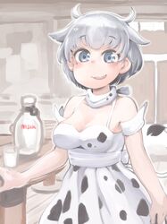  absurdres animal_ears animal_print bare_shoulders bottle breasts commentary cow_ears cow_girl cow_horns cow_print cow_tail dress female grey_eyes grey_hair hare_(tetterutei) highres horns large_breasts milk milk_bottle original parted_lips short_hair smile solo standing tail white_dress 