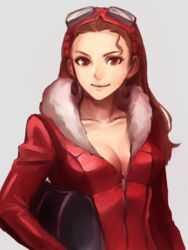  bad_id bad_pixiv_id breasts brown_hair cleavage desiree_delite earrings female goggles goggles_on_head gyakuten_saiban helmet jewelry long_hair looking_at_viewer lotter75 medium_breasts no_bangs phoenix_wright:_ace_attorney_-_trials_and_tribulations red_eyes smile solo unworn_headwear unworn_helmet 