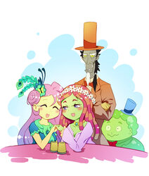  2boys 2girls black_hair blue_eyes blush bow bowtie breasts butterfly_hair_ornament chinese_commentary cleavage closed_eyes commentary_request cup discord_(my_little_pony) dreadlocks facial_hair fluttershy_(mlp) formal goatee green_eyes hair_ornament hat head_wreath holding_hands interlocked_fingers jewelry long_hair looking_at_another mug multiple_boys multiple_girls my_little_pony my_little_pony:_friendship_is_magic necklace open_mouth personification photoshop_(medium) pink_hair red_hair side_ponytail simple_background slime_(creature) smile smooze snot table top_hat tree_hugger unamused xin_yu_hua_yin yuri 