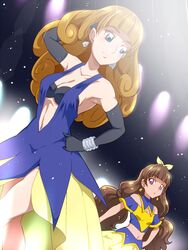  2girls amanogawa_kirara amanogawa_stella black_gloves blonde_hair blue_eyes breasts brown_hair cleavage commentary_request earrings elbow_gloves gloves go!_princess_precure hairband jewelry long_hair medium_breasts midriff mother_and_daughter multiple_girls navel precure small_breasts tj-type1 twintails 