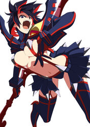  black_hair black_panties blue_eyes boots breasts commentary_request elbow_gloves female gloves high_heel_boots high_heels highres kill_la_kill large_breasts matoi_ryuuko midriff miniskirt miyabi_(miura105) multicolored_hair navel open_mouth panties red_hair revealing_clothes scissor_blade_(kill_la_kill) senketsu showgirl_skirt skirt solo suspenders thigh_boots thighhighs two-tone_hair underboob underwear white_background 