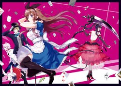  2boys 2girls alice_(wonderland) alice_in_wonderland animal_ears apron arisaka_ako bangs black_bow black_legwear black_shoes blazer blonde_hair blue_dress blue_eyes bow brown_hair card cat_ears collared_shirt crown dress dress_shirt floating_hair frilled_apron frills hair_ornament hairbow hairclip hat high_heels jacket long_hair mary_janes mini_crown multiple_boys multiple_girls open-back_dress open_blazer open_clothes open_jacket original partially_unbuttoned playing_card popped_collar purple_eyes purple_hair red_dress red_eyes scythe shirt shoes short_sleeves sidelocks standing stuffed_animal stuffed_toy thighhighs top_hat twintails vest white_hair yellow_eyes 