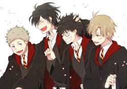  4boys black_hair blue_eyes brown_hair glasses grin harry_potter james_potter male male_focus multiple_boys peter_pettigrew remus_john_lupin school_uniform short_hair sirius_black smile 