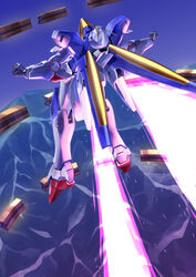  bad_id bad_pixiv_id clenched_hands energy_wings flying from_behind fujimo_ruru gundam highres mecha no_humans robot standing v2_gundam victory_gundam 