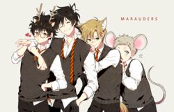  4boys black_hair brown_hair cat_ears ear glasses grin harry_potter james_potter male male_focus mouse mouse_ears multiple_boys peter_pettigrew remus_john_lupin school_uniform short_hair sirius_black smile tail 