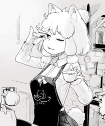  :3 absurdres alpaca_ears alpaca_suri_(kemono_friends) alpaca_tail alternate_costume animal_ears apron breast_pocket coffee coffee_beans collared_shirt commentary_request cup female greyscale hair_over_one_eye hair_ribbon hare_(tetterutei) highres kemono_friends long_sleeves monochrome one-piece_tan open_mouth pocket ribbon shirt short_hair sidelocks solo steam tail tan tanlines teacup tress_ribbon 