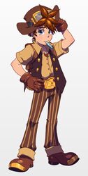  1boy bad_id bad_link bad_tumblr_id belt_buckle blue_eyes braxton_barson brown_hair buckle candy cryamore food gloves goggles goggles_on_head hand_on_own_hip hat male_focus official_art pinstripe_pattern robaato solo striped vest 