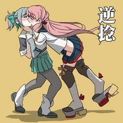  2girls akashi_(kancolle) bad_id bad_pixiv_id blush bow closed_eyes grey_hair hair_ribbon hairbow highres hip_vent kantai_collection kissing long_hair multiple_girls ooku pantyhose pink_hair ponytail ribbon school_uniform serafuku skirt thighhighs tress_ribbon yuri yuubari_(kancolle) 