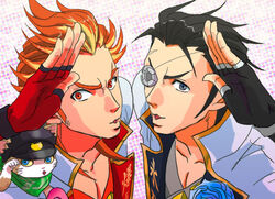  2boys akai_suzaku black_hair blue_eyes blue_flower blue_rose commentary_request eyepatch feline fingerless_gloves flower glasses gloves grey_eyes hair_slicked_back hat idolmaster idolmaster_side-m kurono_genbu looking_at_viewer male_focus multicolored_hair multiple_boys nyako_(idolmaster) parted_lips photoshop_(medium) red_eyes red_hair rose salute scar shinoda_(talkymagmag) shinsoku_ikkon_(idolmaster) sideburns spiked_hair two-tone_hair upper_body 