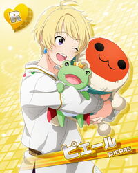  1boy :3 ;) ;d blonde_hair blush card_(medium) character_doll character_name crown earrings frog heart idolmaster idolmaster_side-m jewelry kaerre male_focus official_art one_eye_closed open_mouth otoko_no_ko pierre_bichelberger smile solo stuffed_animal stuffed_frog stuffed_toy taiko_no_tatsujin wada_don 