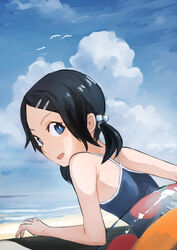  against_railing beach bird black_hair blue_eyes cloud commentary_request day female from_behind hair_bobbles hair_ornament hairclip inami_hatoko innertube looking_at_viewer looking_back low_twintails one-piece_swimsuit open_mouth original outdoors parted_bangs railing school_swimsuit sky solo swim_ring swimsuit twintails upper_body 