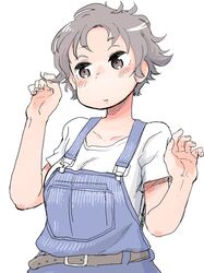  absurdres belt blush breasts brown_eyes commentary_request female fingernails grey_hair hands_up hare_(tetterutei) highres large_breasts original overalls parted_lips shirt short_hair short_sleeves simple_background solo upper_body white_background white_shirt 