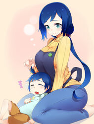  1boy apron barefoot blue_eyes blue_hair blush breasts closed_eyes commentary_request denim female gundam gundam_build_fighters haro_button_badge iori_rinko iori_sei jeans large_breasts long_hair lying mother_and_son motherly mzne_(mizunoe) nose_bubble pants ponytail ribbed_sweater seiza short_hair sitting sleeping smile sweater turtleneck 