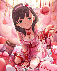  blue_eyes blush breasts brown_hair choker cleavage collar detached_sleeves female finger_ribbon hair_ribbon hairband heart heart-shaped_pupils idolmaster idolmaster_cinderella_girls jewelry jpeg_artifacts looking_at_viewer medium_breasts official_art open_mouth pendant puffy_detached_sleeves puffy_sleeves red_ribbon ribbon sakuma_mayu short_hair shoulder_necklace smile solo symbol-shaped_pupils wrist_ribbon 