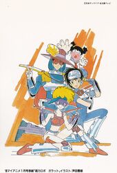  2boys 2girls ashida_toyoo character_request chouriki_robo_galatt kamil_kashmir_jr michael_marsh multiple_boys multiple_girls official_art patty_pumpkin retro_artstyle scan simple_background 