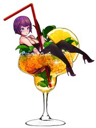  bad_id bad_pixiv_id black_gloves black_legwear blue_eyes blush breasts chestnut_mouth cleavage cup drink drinking_glass drinking_straw female food fruit gloves happening18 high_heels highres ice in_container in_cup large_breasts looking_at_viewer mint orange_(fruit) orange_slice original oversized_object purple_hair short_hair simple_background solo white_background 