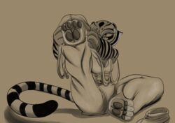  absurd_res anthro breasts claws cleavage clothed clothing digital_media_(artwork) dreamworks dressing felid female hi_res kung_fu_panda mammal master_tigress medium_breasts monochrome pantherine pawpads paws sabrotiger sepia simple_background sitting stripes tiger toe_claws 