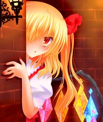  :o around_corner bad_id bad_pixiv_id blonde_hair brick_wall fingernails flandre_scarlet hair_over_one_eye hair_ribbon kisshii_(kic1224) light looking_at_viewer nail_polish no_hat no_headwear peeping puffy_short_sleeves puffy_sleeves red_eyes ribbon sharp_fingernails short_hair short_sleeves side_ponytail solo touhou wings 