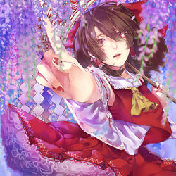  aged_up ascot between_fingers bow brown_eyes brown_hair commentary_request detached_sleeves female flower foreshortening gohei hair_tubes hairbow hakurei_reimu holding lips long_sleeves looking_at_viewer looking_to_the_side nail_polish ofuda oonusa outstretched_arm parted_lips petals red_bow red_nails red_skirt senshuu_kou shirt skirt skirt_set solo teeth touhou wide_sleeves wisteria 