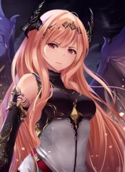  armor bare_shoulders belt breastplate breasts commentary corset dark_angel_olivia elbow_gloves female gloves granblue_fantasy highres horns long_hair looking_at_viewer loose_belt medium_breasts mengo pink_hair red_eyes shingeki_no_bahamut solo very_long_hair wings 