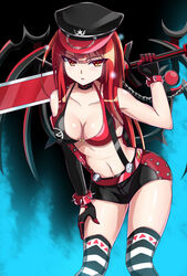  alternate_costume aqua_background black_background black_gloves bra commentary_request crimson_avenger_(elsword) elbow_gloves elesis_(elsword) elsword female gloves gradient_background hat highres leaning_forward left-handed long_hair multicolored_eyes orange_eyes red_eyes red_hair shorts single_elbow_glove solo striped_clothes striped_thighhighs suspenders sword thighhighs underwear weapon zetsuei_(zetto) 